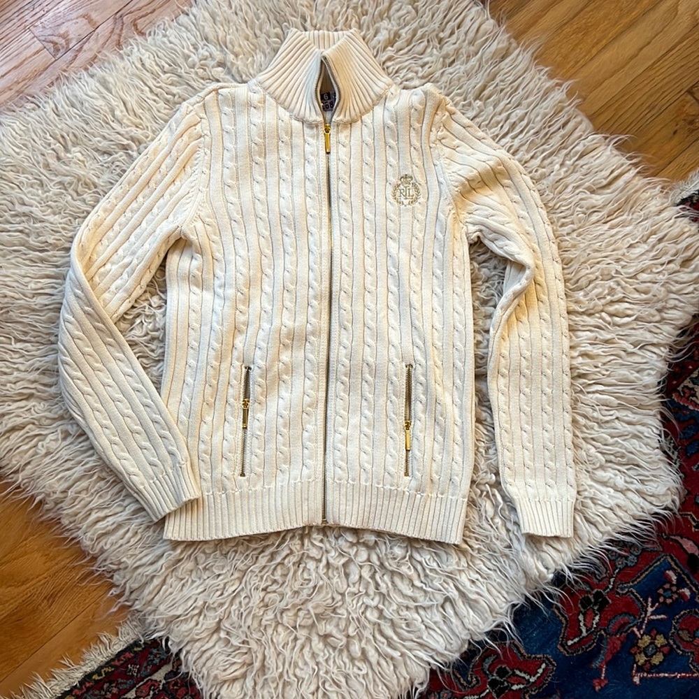 LAUREN Ralph Lauren Cream Cable Knit Zip Up Sweater